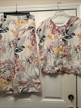 C.C Floral Print Scarf in Black, White & Coral shirt and pant set 100% linen